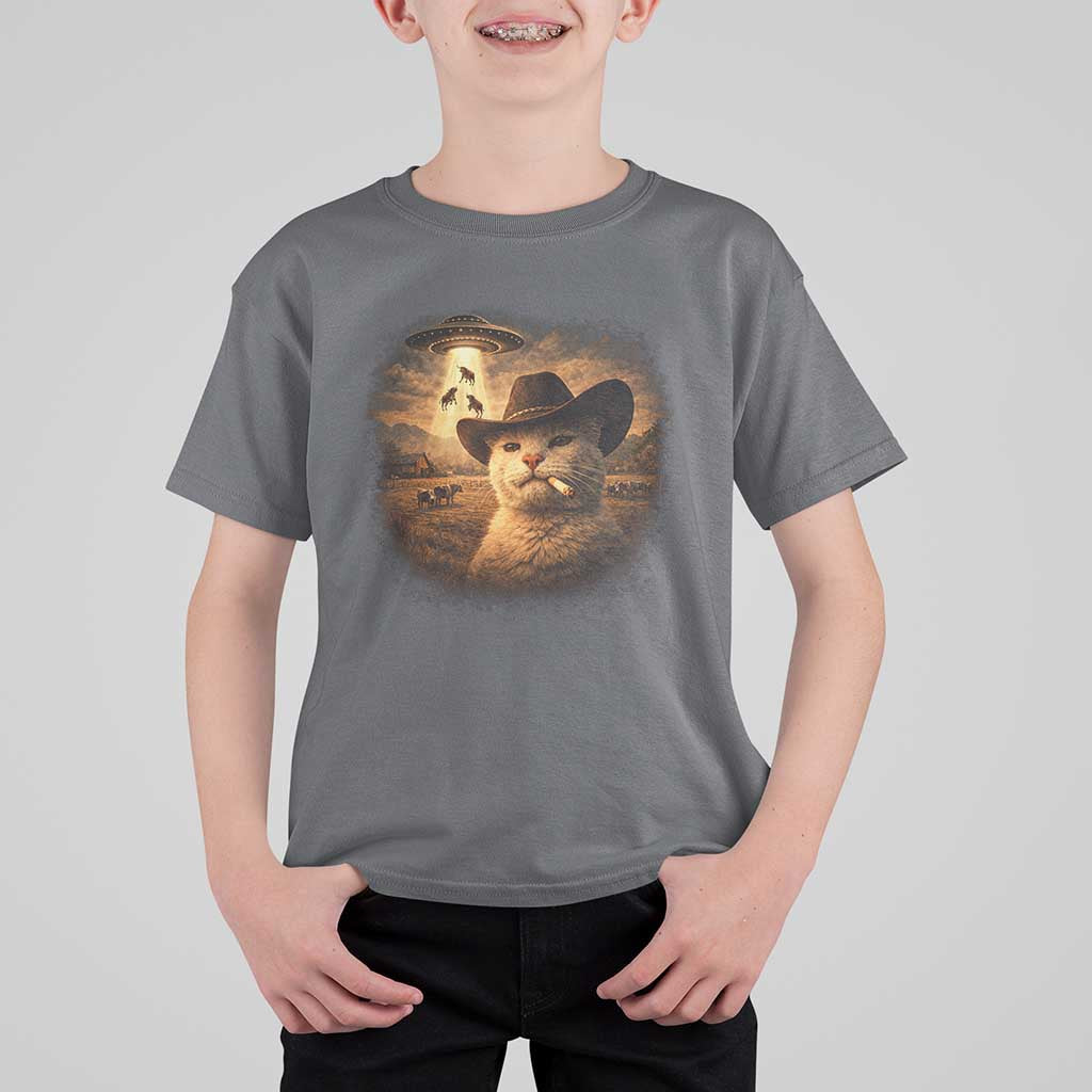 Funny Cowboy Cat UFO T Shirt For Kid Retro Western Rodeo Meme Cats Lover Gift