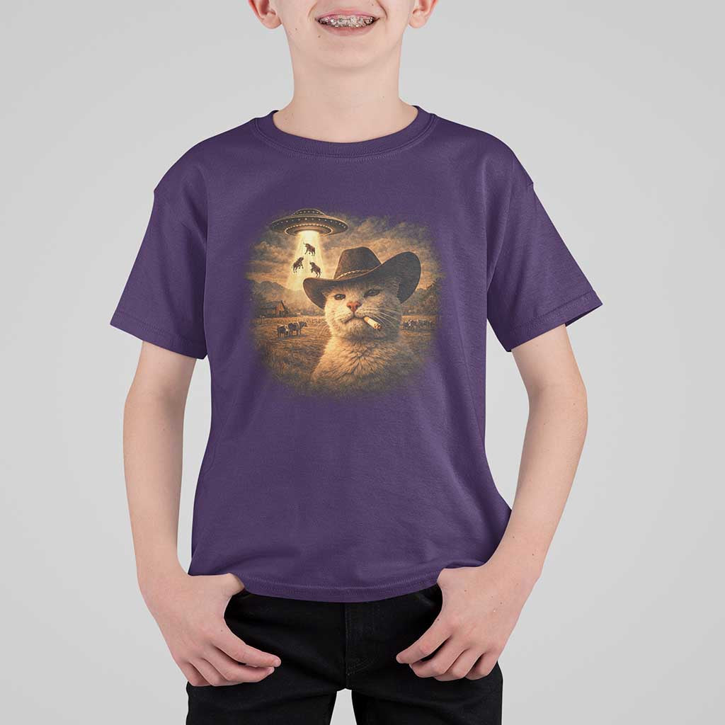 Funny Cowboy Cat UFO T Shirt For Kid Retro Western Rodeo Meme Cats Lover Gift