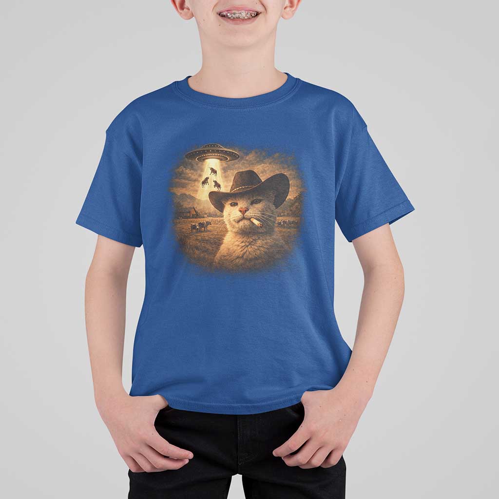 Funny Cowboy Cat UFO T Shirt For Kid Retro Western Rodeo Meme Cats Lover Gift