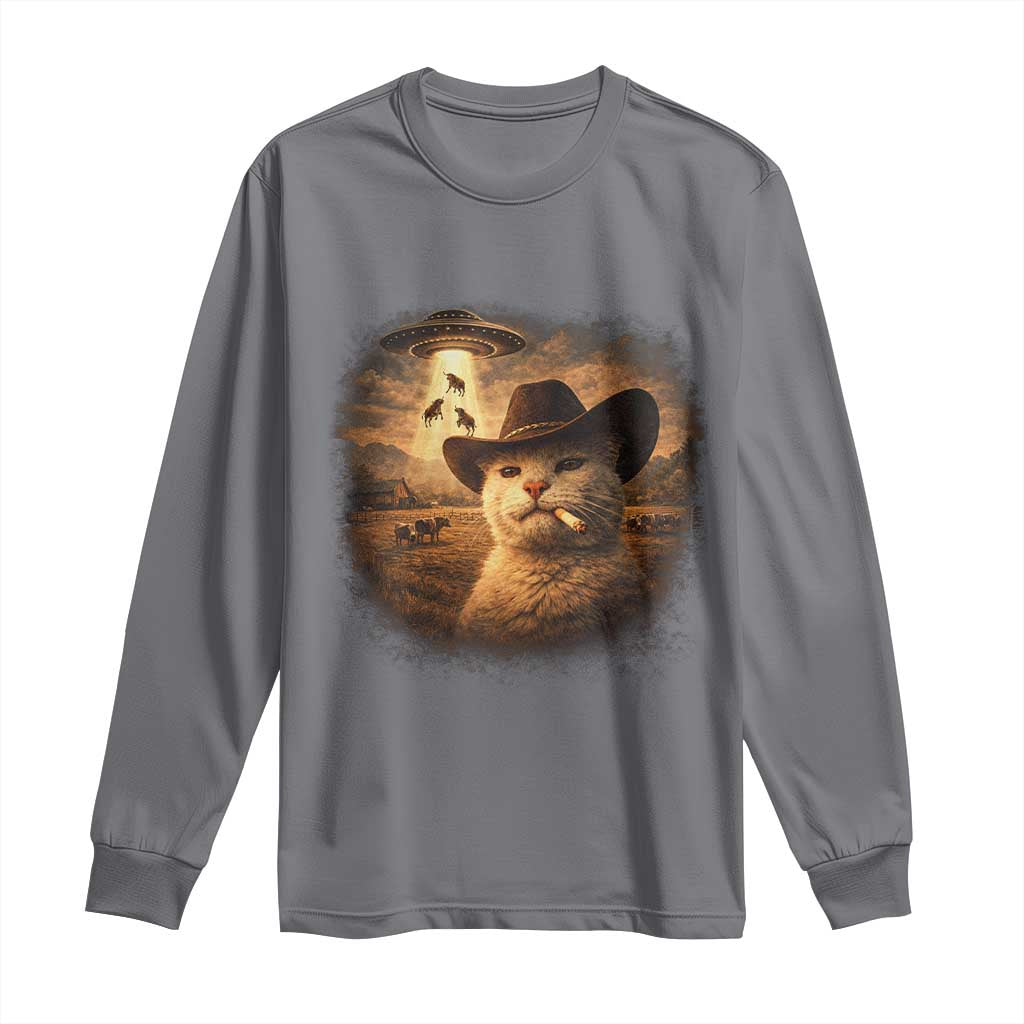 Funny Cowboy Cat UFO Long Sleeve Shirt Retro Western Rodeo Meme Cats Lover Gift