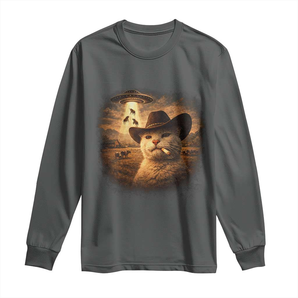 Funny Cowboy Cat UFO Long Sleeve Shirt Retro Western Rodeo Meme Cats Lover Gift