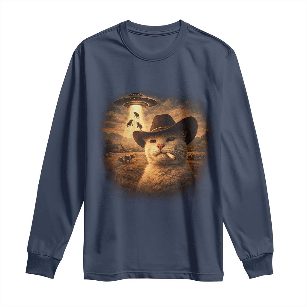 Funny Cowboy Cat UFO Long Sleeve Shirt Retro Western Rodeo Meme Cats Lover Gift