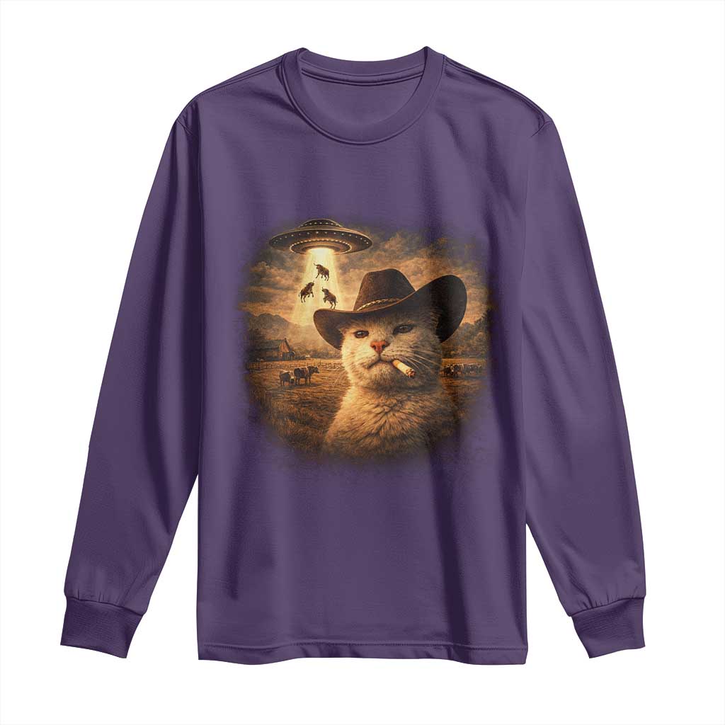 Funny Cowboy Cat UFO Long Sleeve Shirt Retro Western Rodeo Meme Cats Lover Gift