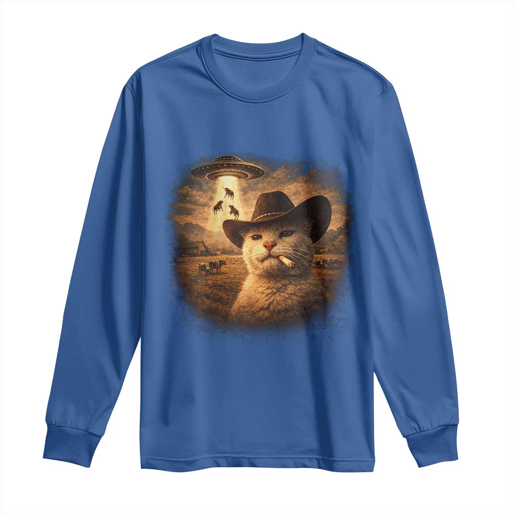 Funny Cowboy Cat UFO Long Sleeve Shirt Retro Western Rodeo Meme Cats Lover Gift