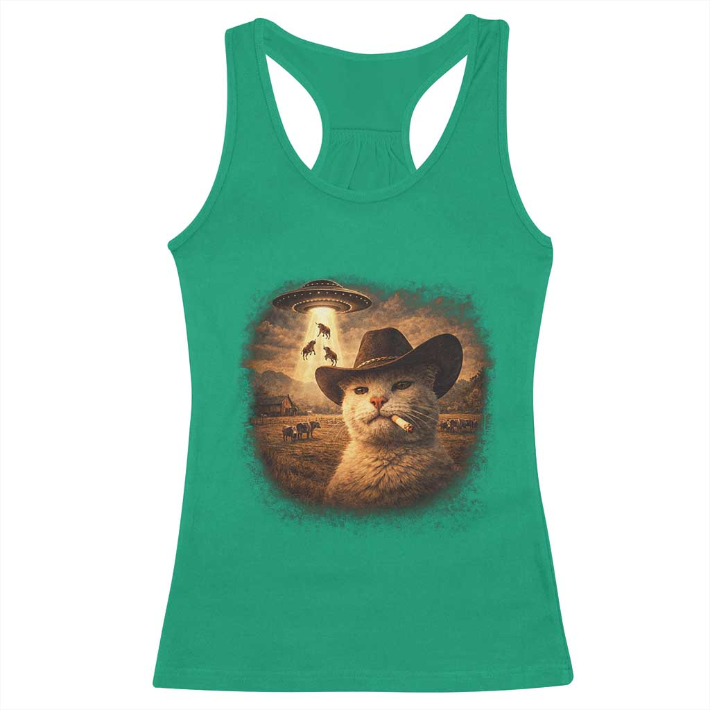 Funny Cowboy Cat UFO Racerback Tank Top Retro Western Rodeo Meme Cats Lover Gift