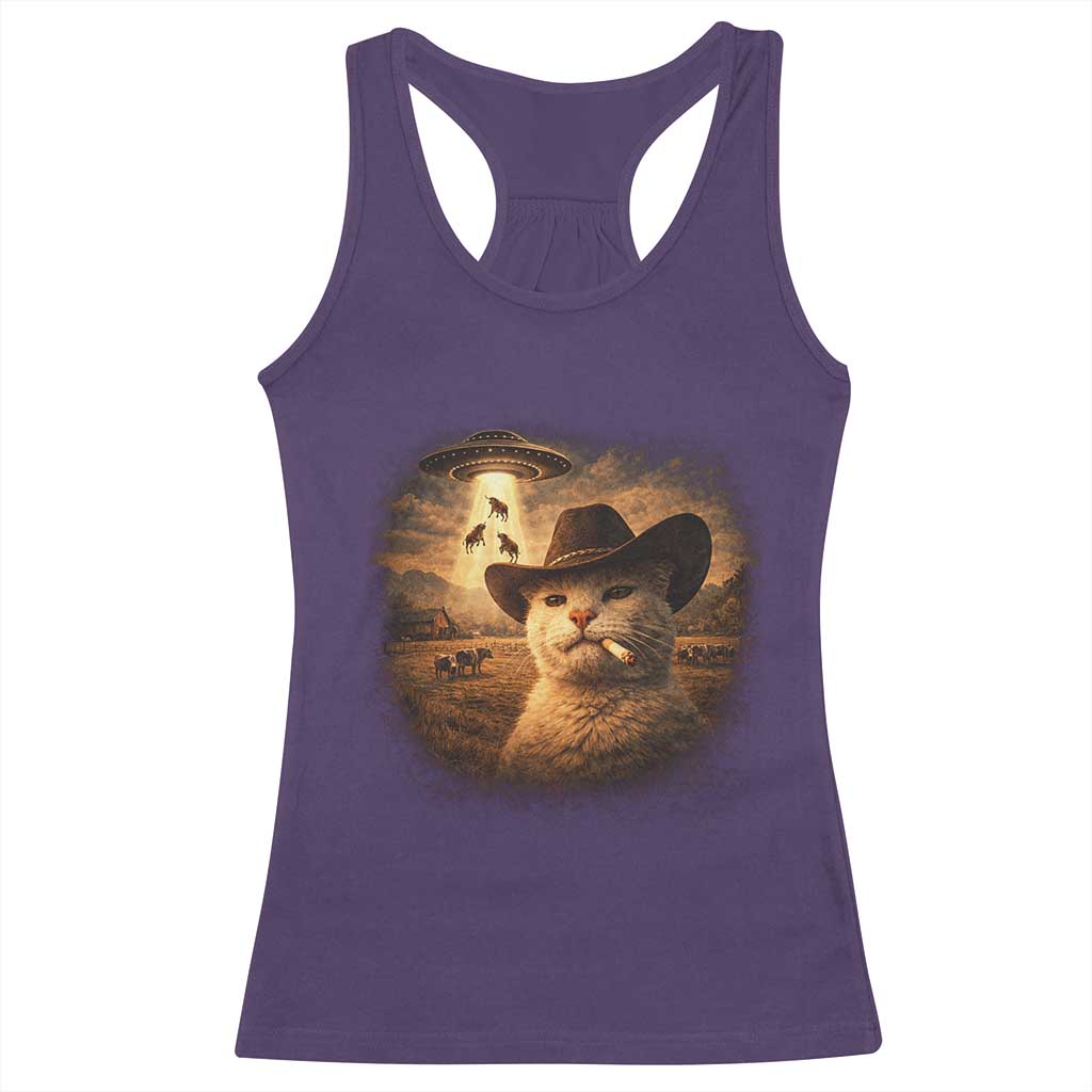 Funny Cowboy Cat UFO Racerback Tank Top Retro Western Rodeo Meme Cats Lover Gift