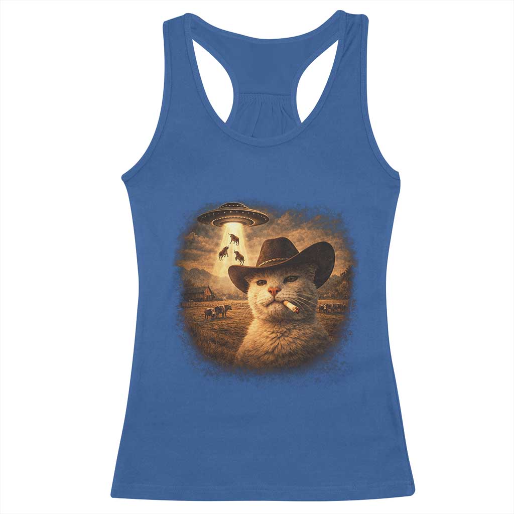 Funny Cowboy Cat UFO Racerback Tank Top Retro Western Rodeo Meme Cats Lover Gift