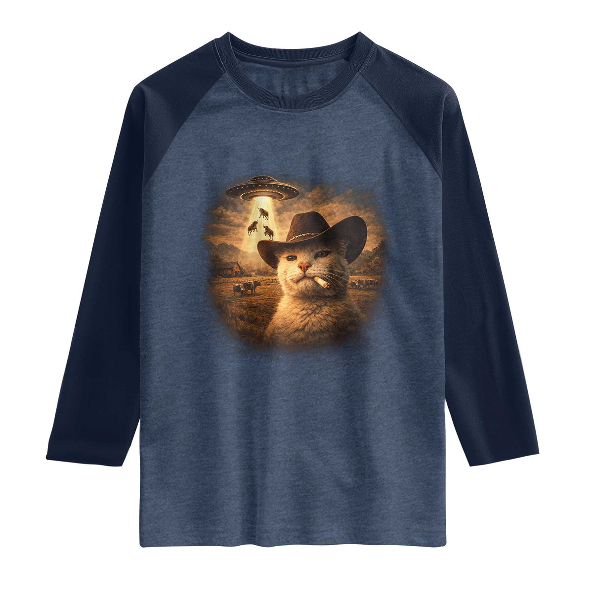 Funny Cowboy Cat UFO Raglan Shirt Retro Western Rodeo Meme Cats Lover Gift