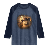 Funny Cowboy Cat UFO Raglan Shirt Retro Western Rodeo Meme Cats Lover Gift