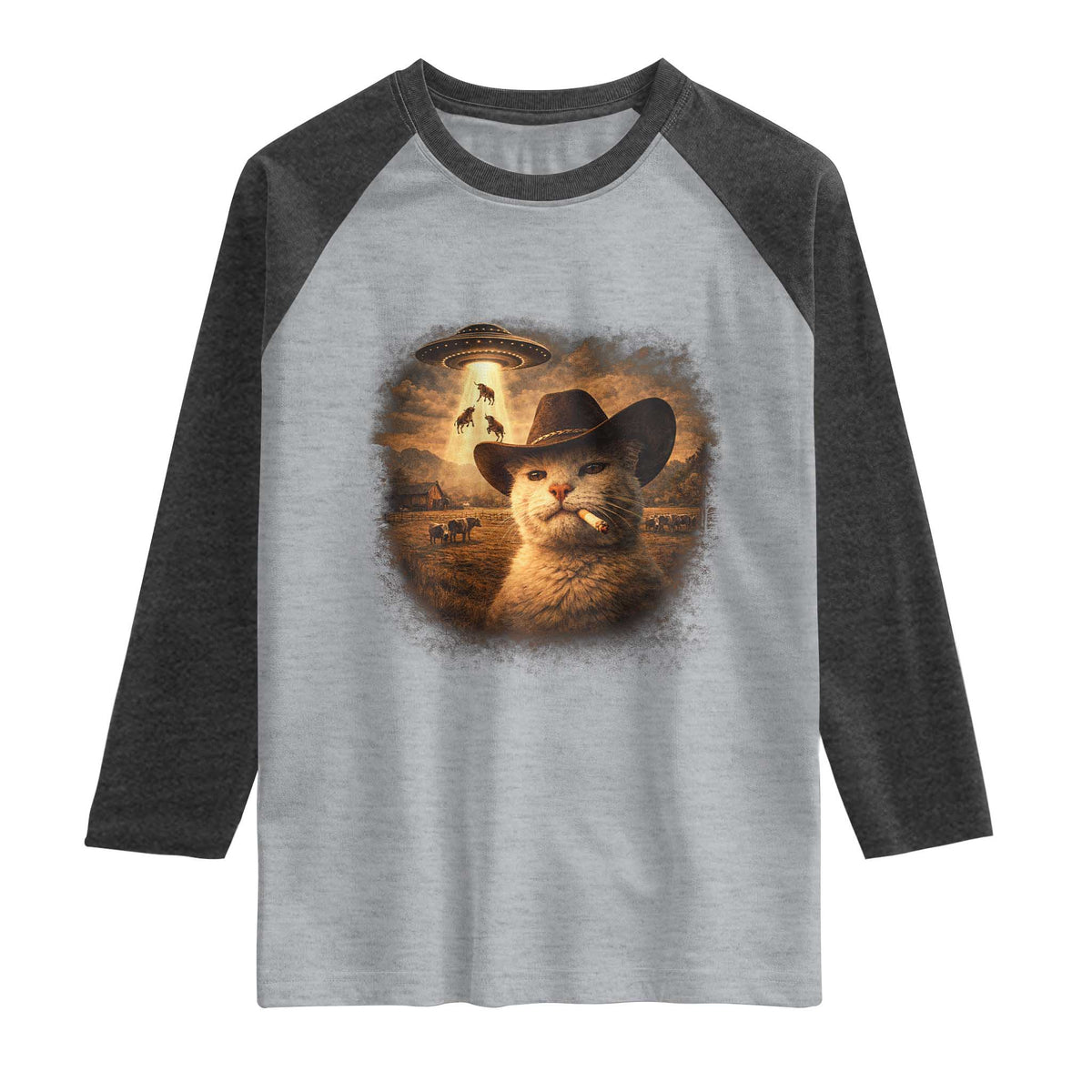 Funny Cowboy Cat UFO Raglan Shirt Retro Western Rodeo Meme Cats Lover Gift