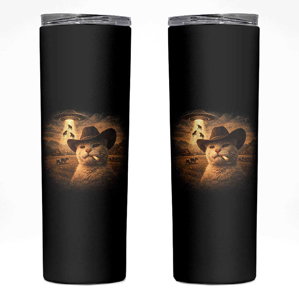 Funny Cowboy Cat UFO Skinny Tumbler Retro Western Rodeo Meme Cats Lover Gift