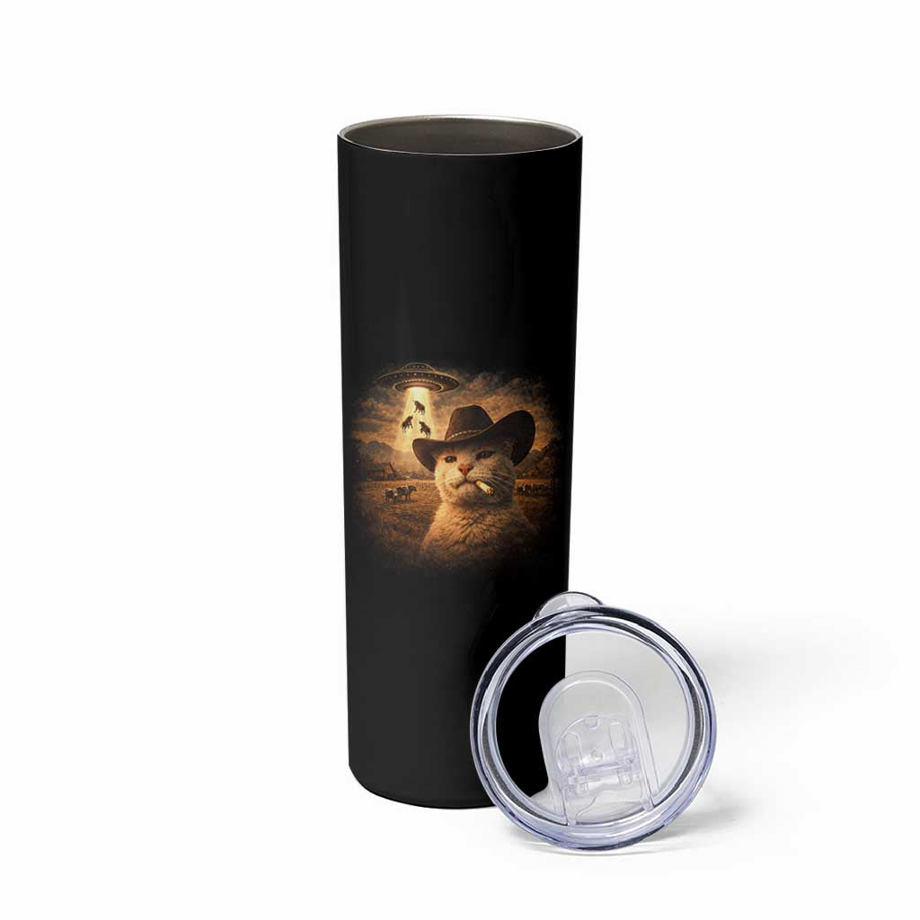 Funny Cowboy Cat UFO Skinny Tumbler Retro Western Rodeo Meme Cats Lover Gift