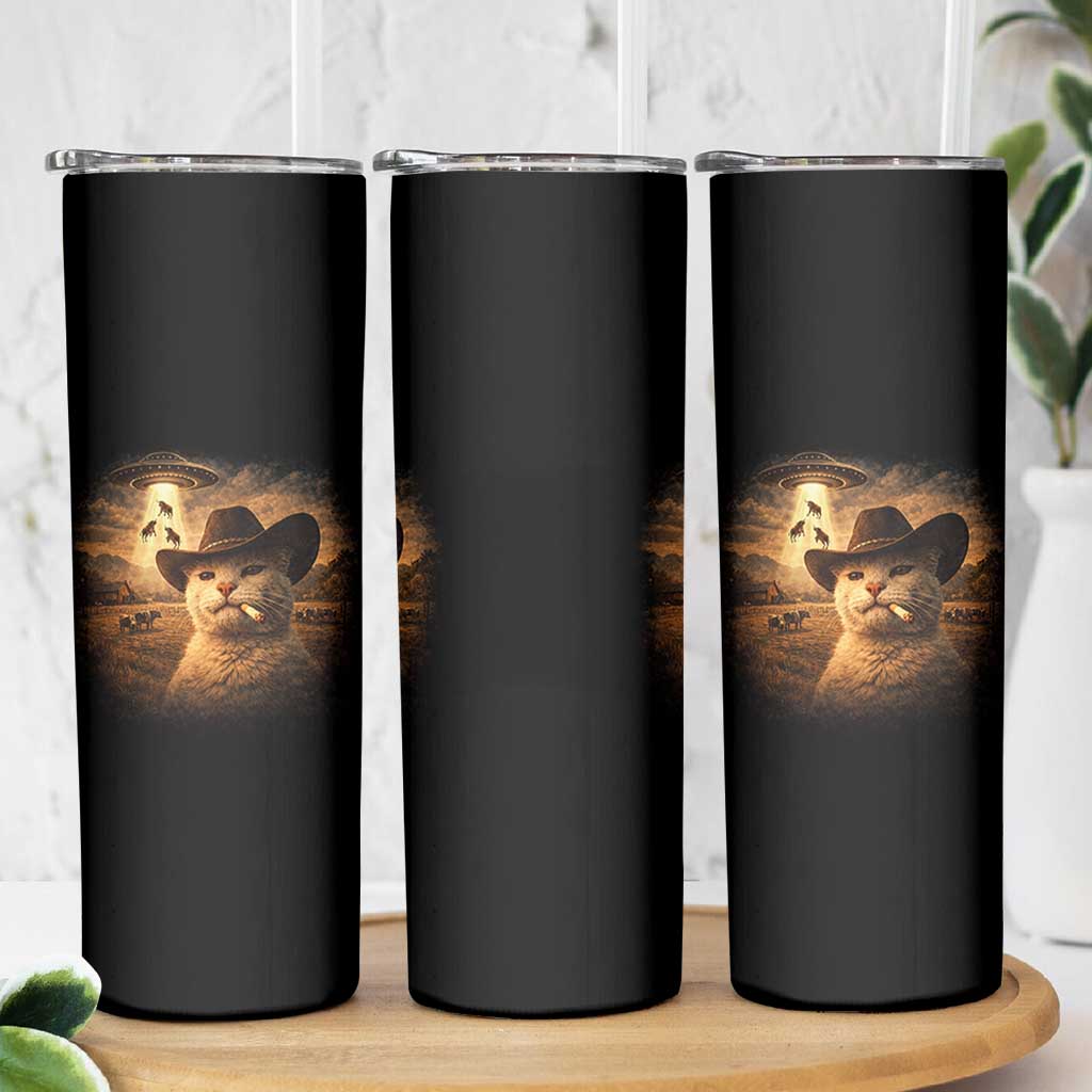 Funny Cowboy Cat UFO Skinny Tumbler Retro Western Rodeo Meme Cats Lover Gift