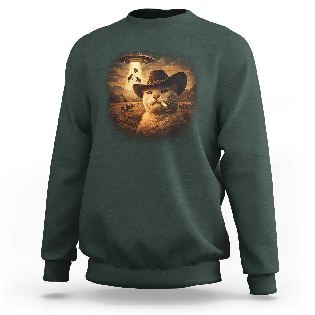 Funny Cowboy Cat UFO Sweatshirt Retro Western Rodeo Meme Cats Lover Gift