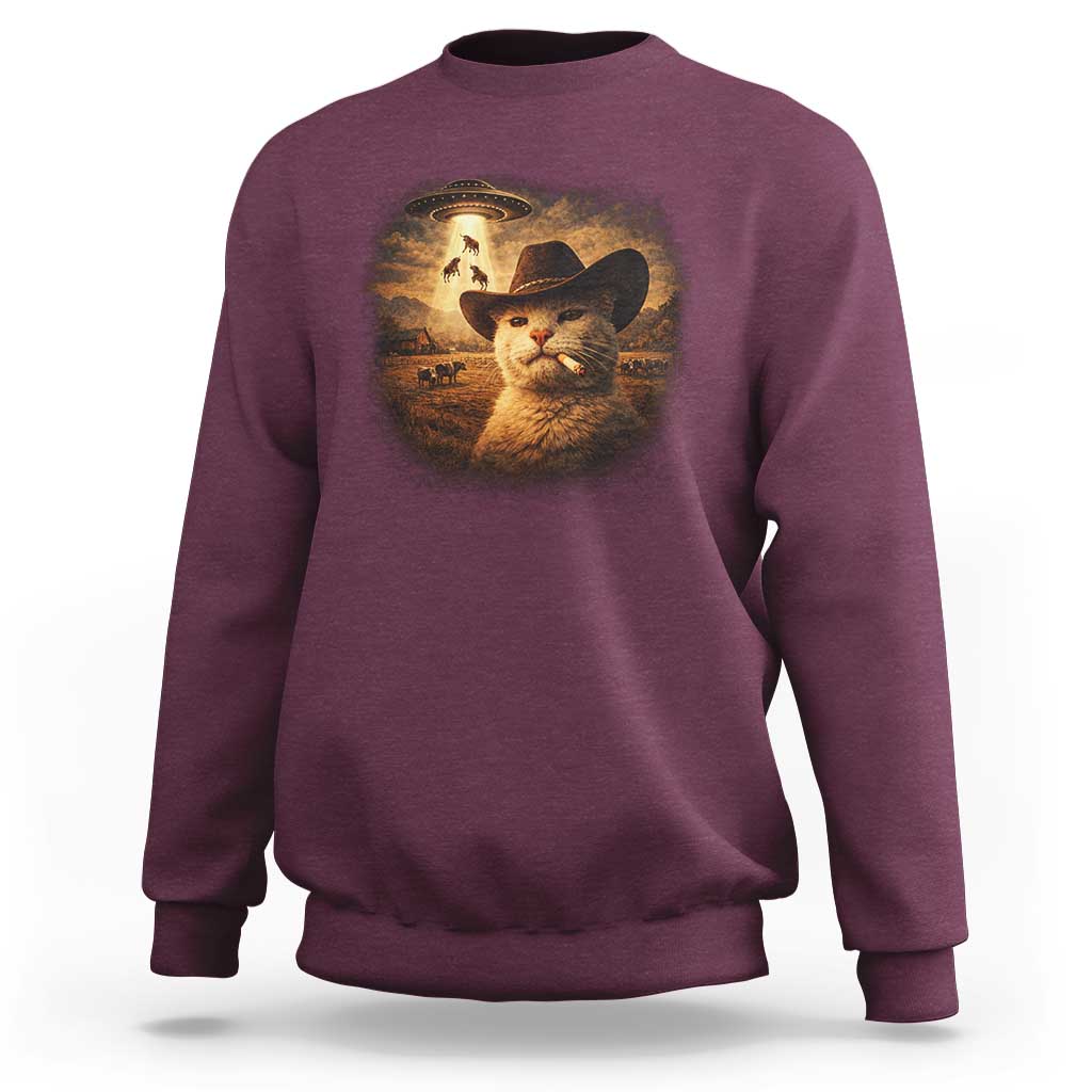 Funny Cowboy Cat UFO Sweatshirt Retro Western Rodeo Meme Cats Lover Gift