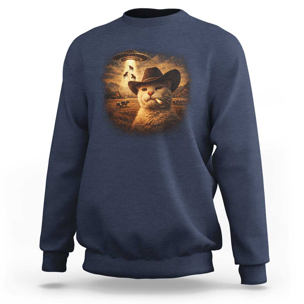 Funny Cowboy Cat UFO Sweatshirt Retro Western Rodeo Meme Cats Lover Gift