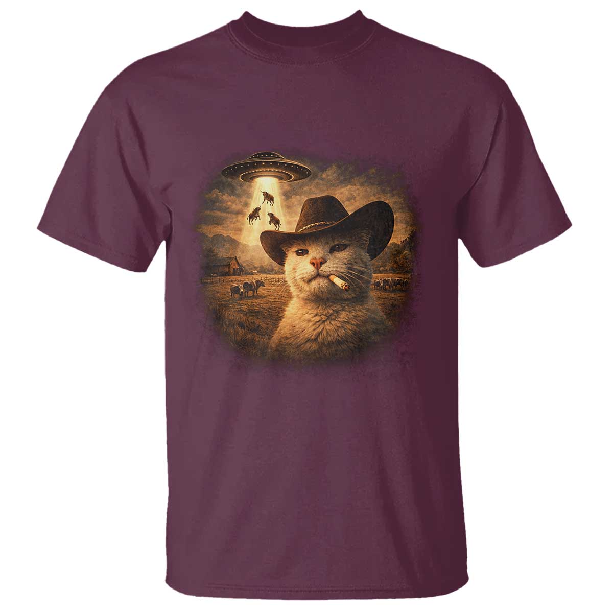 Funny Cowboy Cat UFO T Shirt Retro Western Rodeo Meme Cats Lover Gift