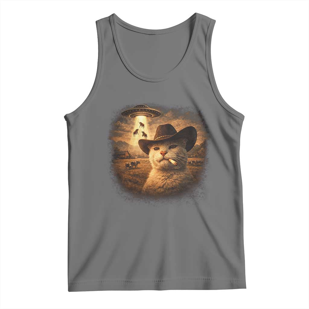 Funny Cowboy Cat UFO Tank Top Retro Western Rodeo Meme Cats Lover Gift