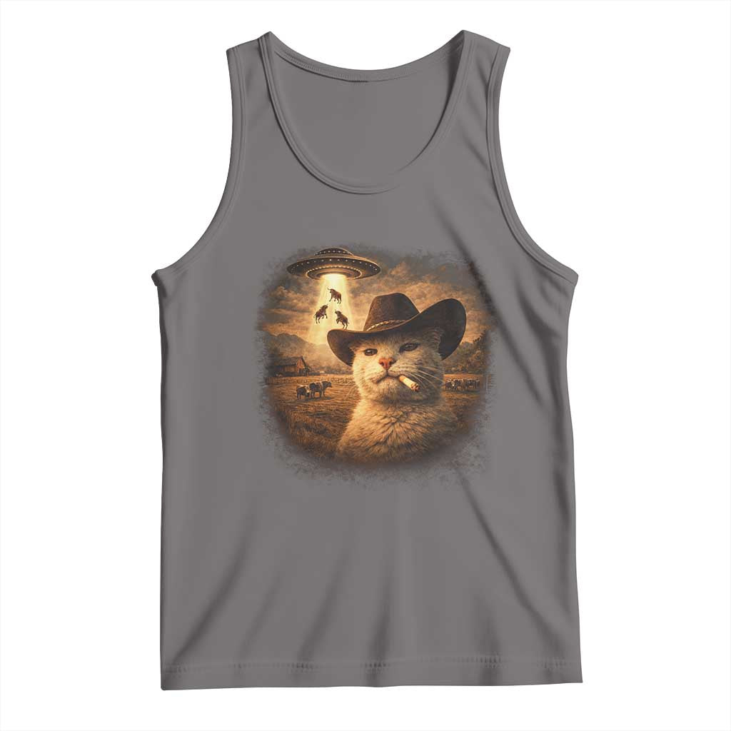 Funny Cowboy Cat UFO Tank Top Retro Western Rodeo Meme Cats Lover Gift
