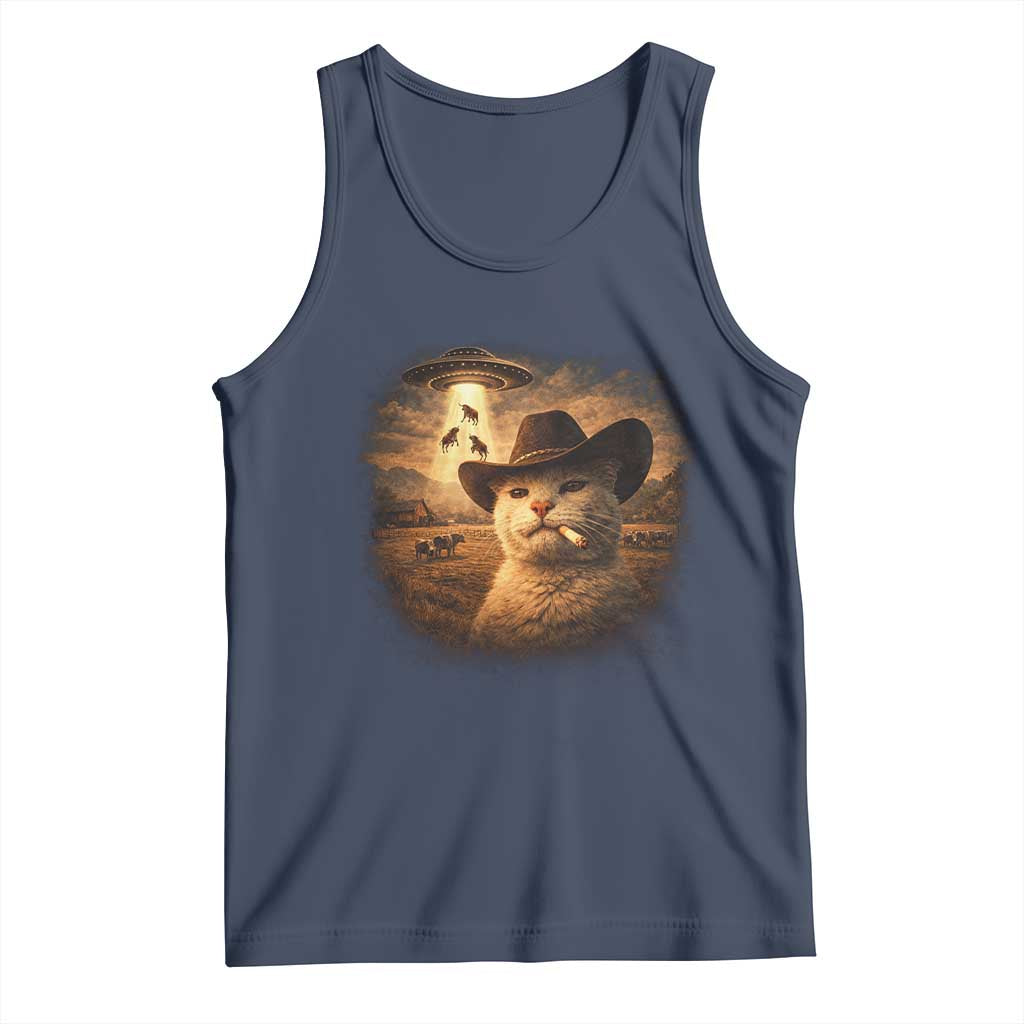 Funny Cowboy Cat UFO Tank Top Retro Western Rodeo Meme Cats Lover Gift