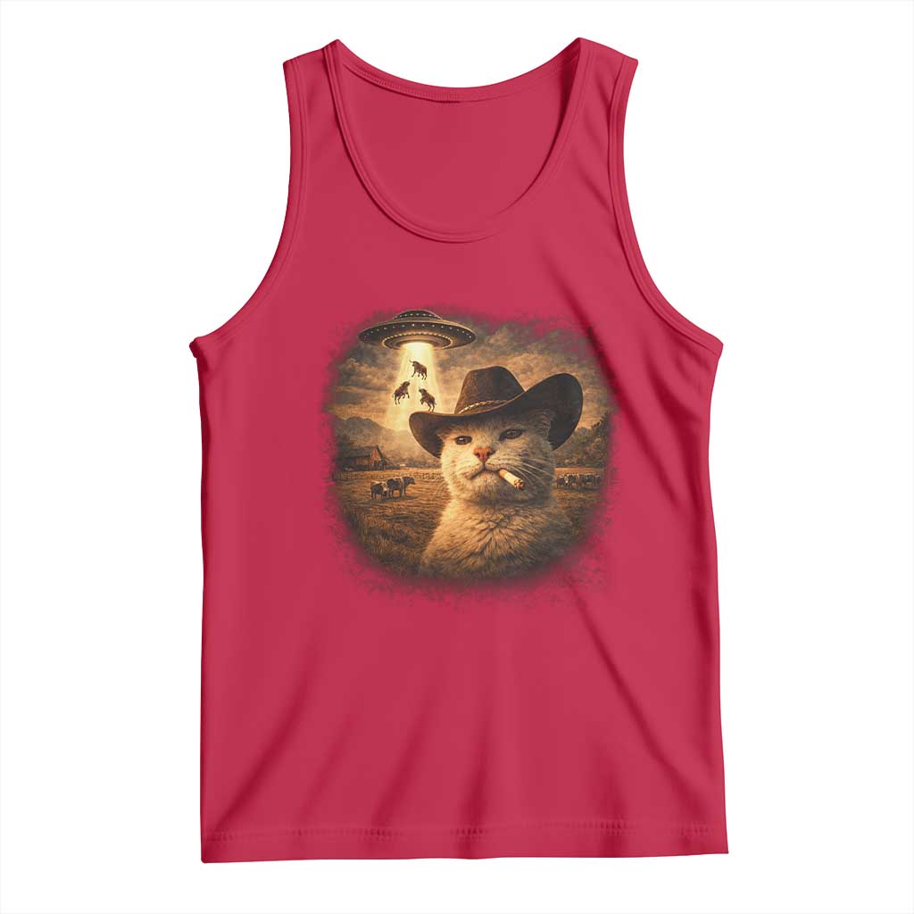 Funny Cowboy Cat UFO Tank Top Retro Western Rodeo Meme Cats Lover Gift