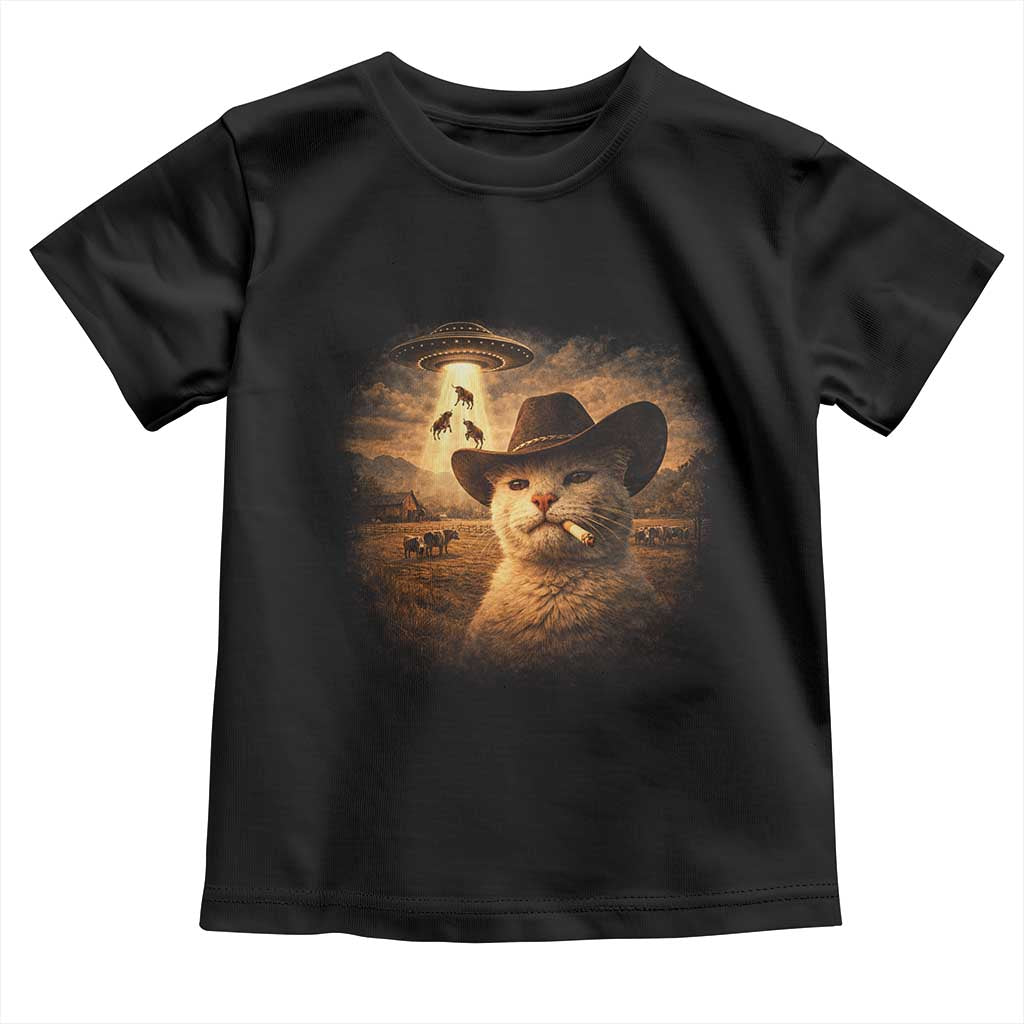 Funny Cowboy Cat UFO Toddler T Shirt Retro Western Rodeo Meme Cats Lover Gift