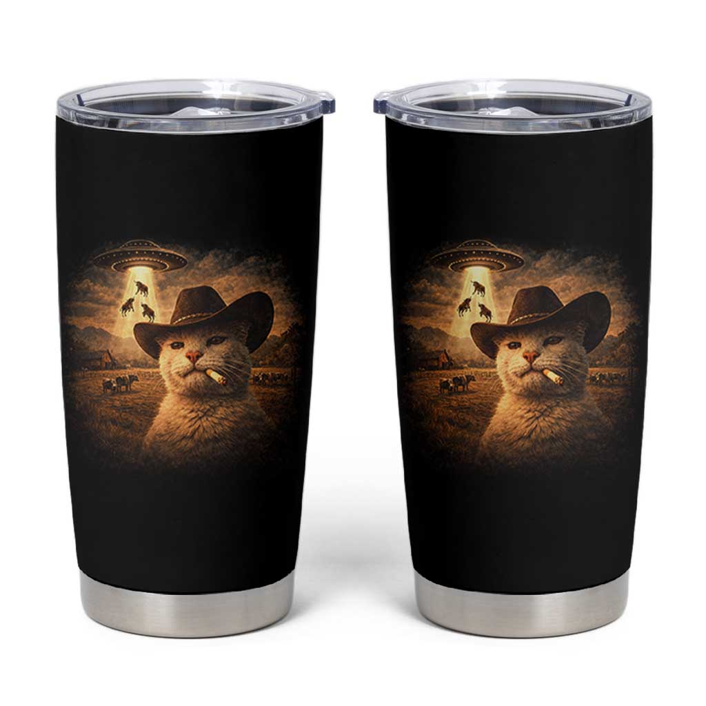 Funny Cowboy Cat UFO Tumbler Cup Retro Western Rodeo Meme Cats Lover Gift
