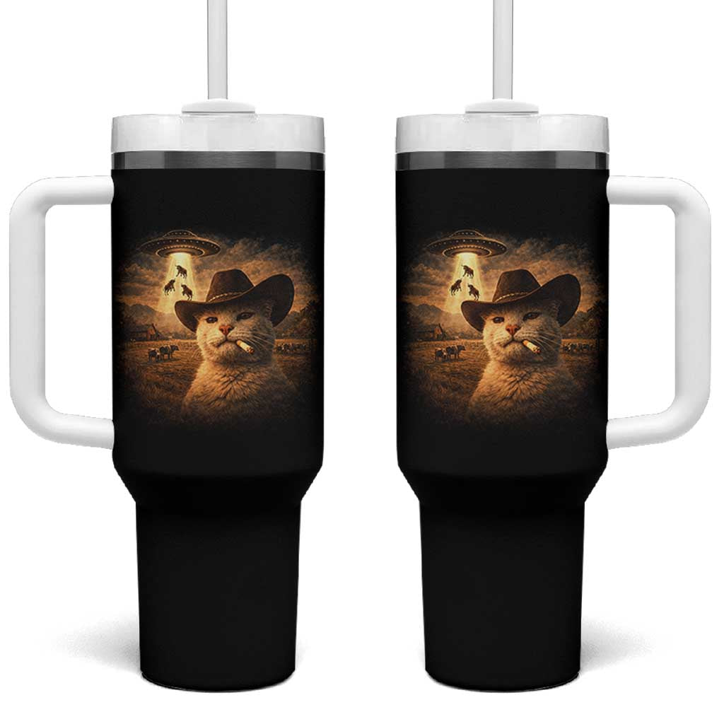 Funny Cowboy Cat UFO Tumbler With Handle Retro Western Rodeo Meme Cats Lover Gift