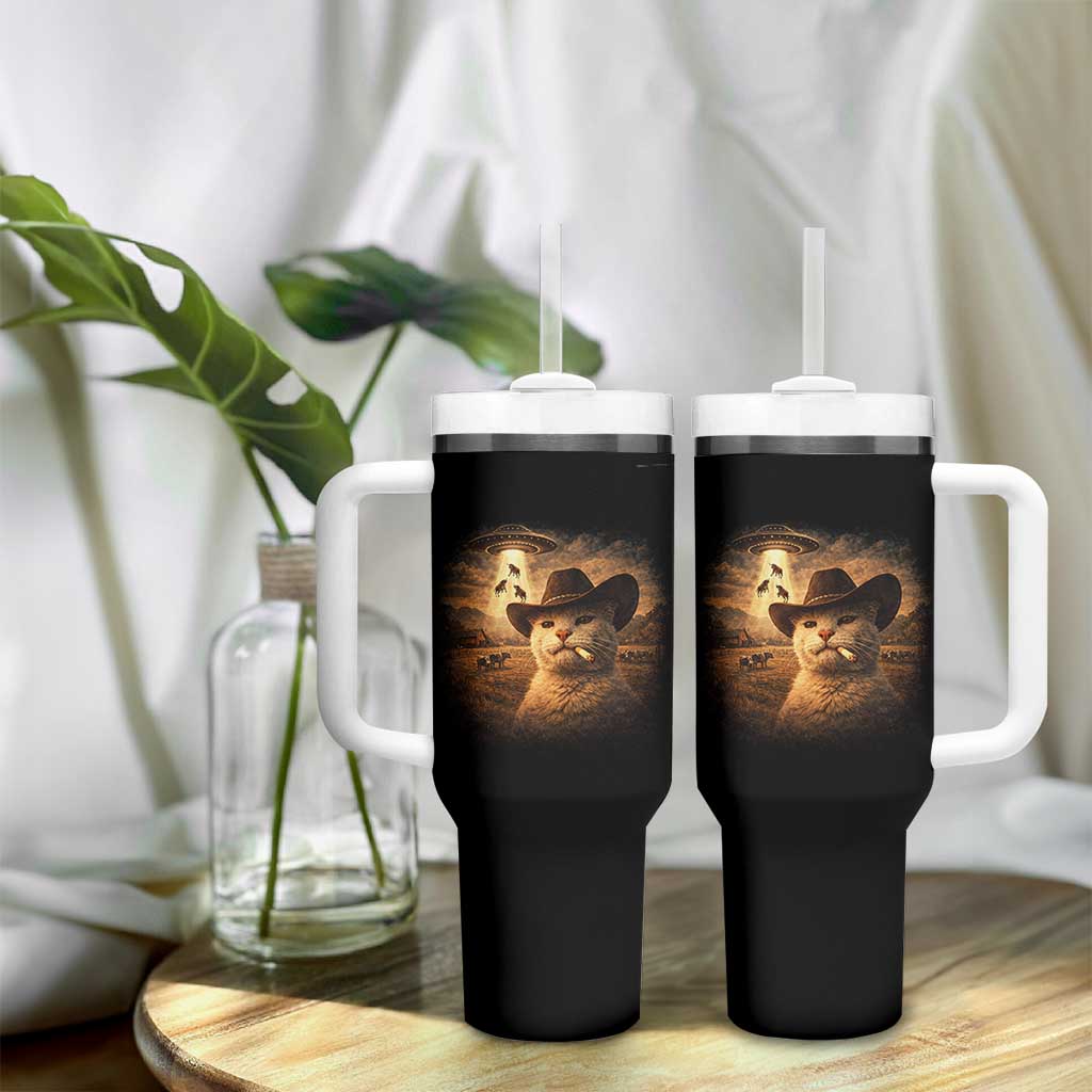 Funny Cowboy Cat UFO Tumbler With Handle Retro Western Rodeo Meme Cats Lover Gift