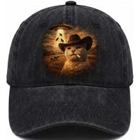 Funny Cowboy Cat UFO Washed Cotton Baseball Cap Retro Western Rodeo Meme Cats Lover Gift