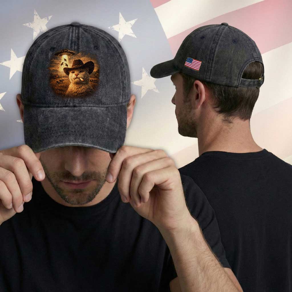 Funny Cowboy Cat UFO Washed Cotton Baseball Cap Retro Western Rodeo Meme Cats Lover Gift