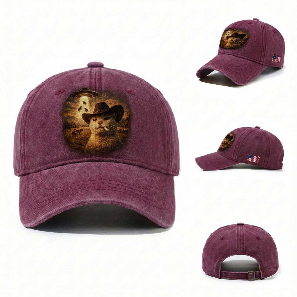 Funny Cowboy Cat UFO Washed Cotton Baseball Cap Retro Western Rodeo Meme Cats Lover Gift