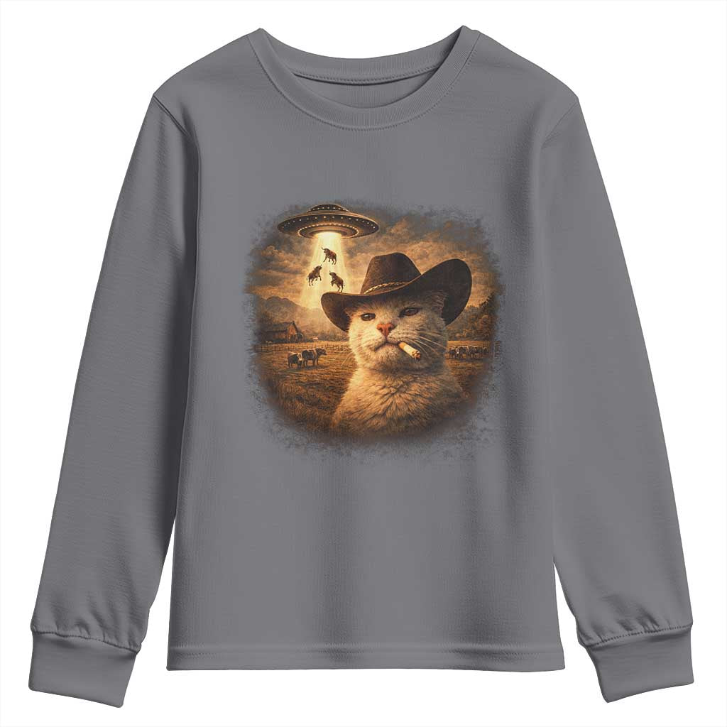 Funny Cowboy Cat UFO Youth Sweatshirt Retro Western Rodeo Meme Cats Lover Gift