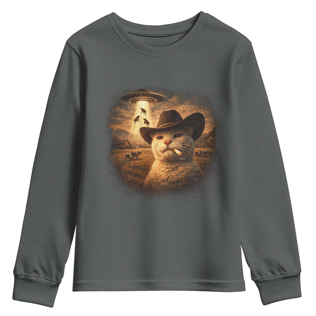 Funny Cowboy Cat UFO Youth Sweatshirt Retro Western Rodeo Meme Cats Lover Gift
