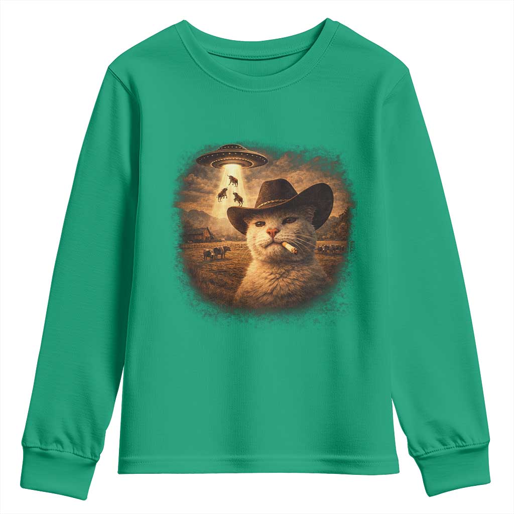 Funny Cowboy Cat UFO Youth Sweatshirt Retro Western Rodeo Meme Cats Lover Gift