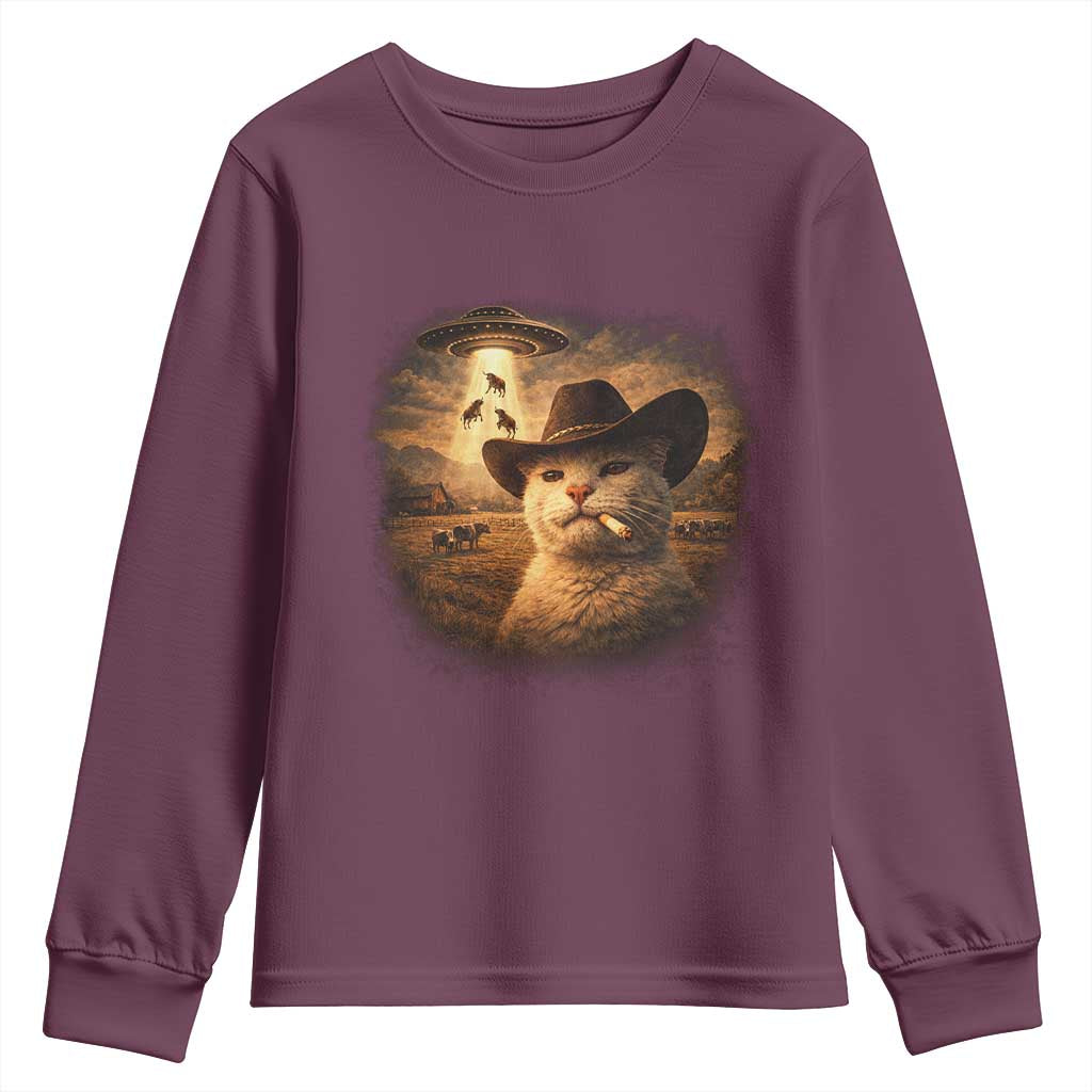 Funny Cowboy Cat UFO Youth Sweatshirt Retro Western Rodeo Meme Cats Lover Gift
