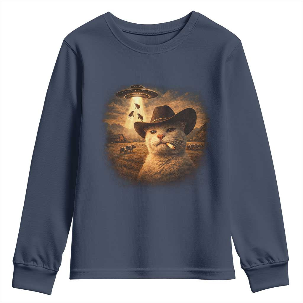 Funny Cowboy Cat UFO Youth Sweatshirt Retro Western Rodeo Meme Cats Lover Gift