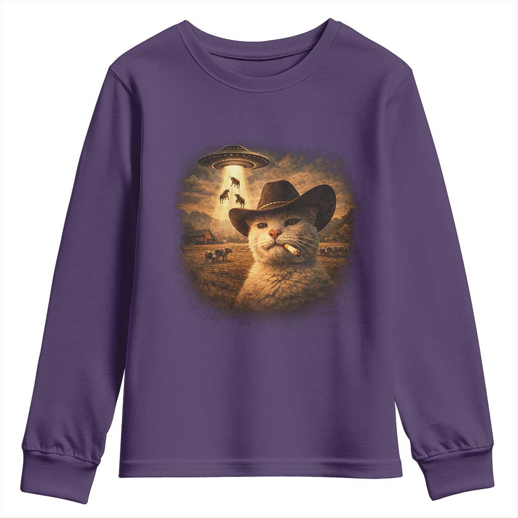Funny Cowboy Cat UFO Youth Sweatshirt Retro Western Rodeo Meme Cats Lover Gift