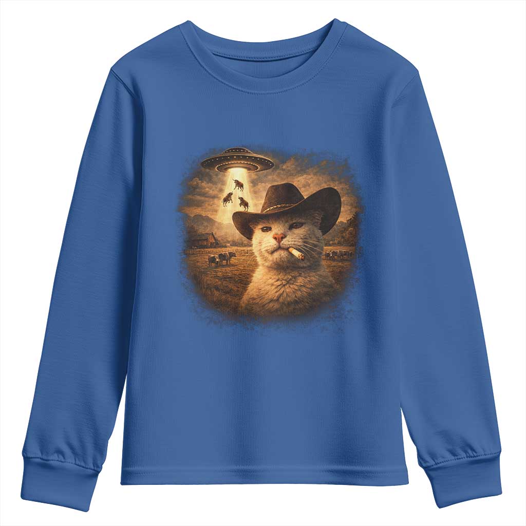 Funny Cowboy Cat UFO Youth Sweatshirt Retro Western Rodeo Meme Cats Lover Gift