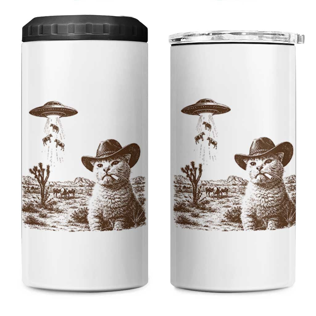 UFO Cowboy Cat 4 in 1 Can Cooler Tumbler Vintage Graphic Retro Western Rodeo