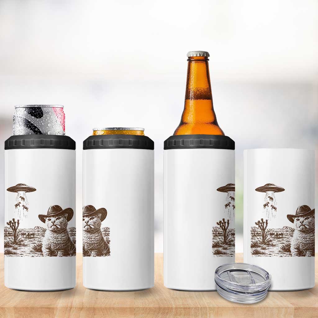 UFO Cowboy Cat 4 in 1 Can Cooler Tumbler Vintage Graphic Retro Western Rodeo