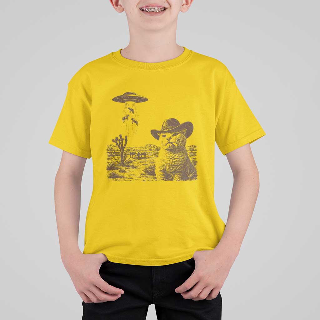 UFO Cowboy Cat T Shirt For Kid Vintage Graphic Retro Western Rodeo