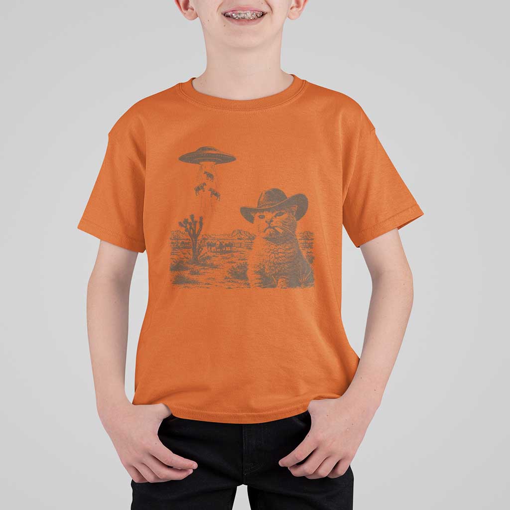 UFO Cowboy Cat T Shirt For Kid Vintage Graphic Retro Western Rodeo