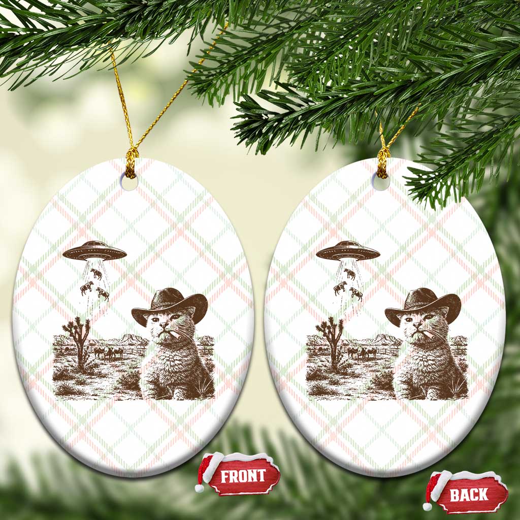 UFO Cowboy Cat Ceramic Ornament Vintage Graphic Retro Western Rodeo