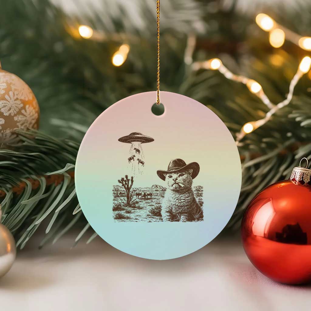 UFO Cowboy Cat Ceramic Ornament Vintage Graphic Retro Western Rodeo
