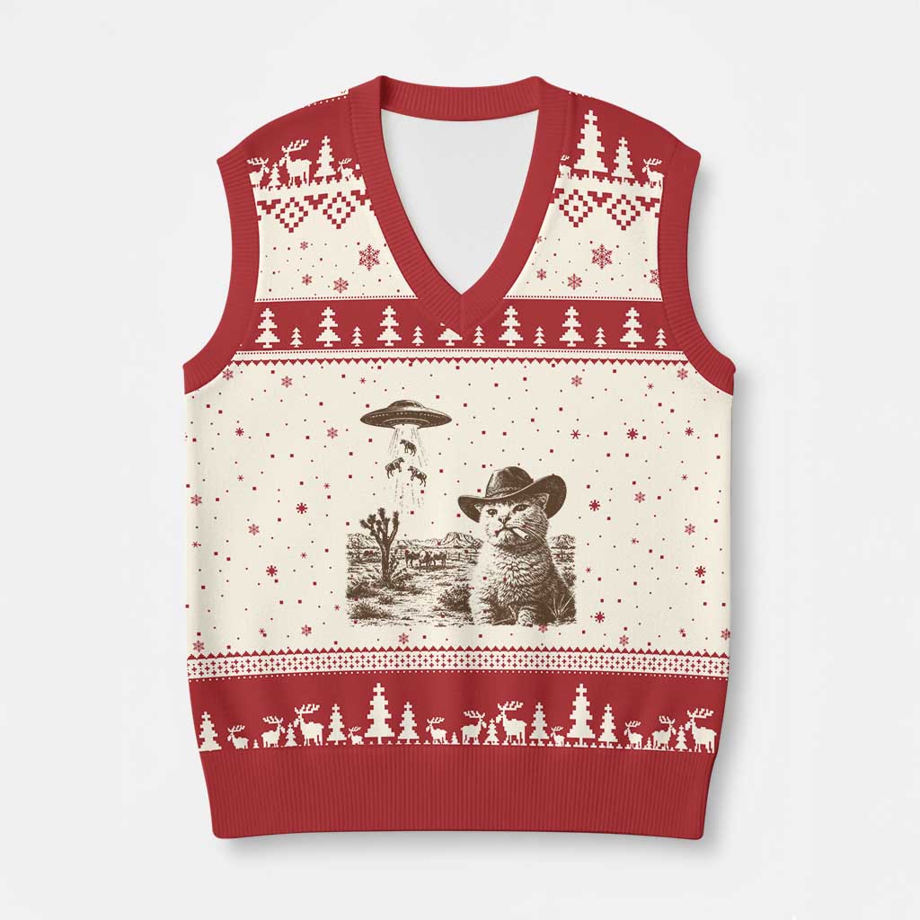 UFO Cowboy Cat V-Neck Knit Sweater Vest Vintage Graphic Retro Western Rodeo