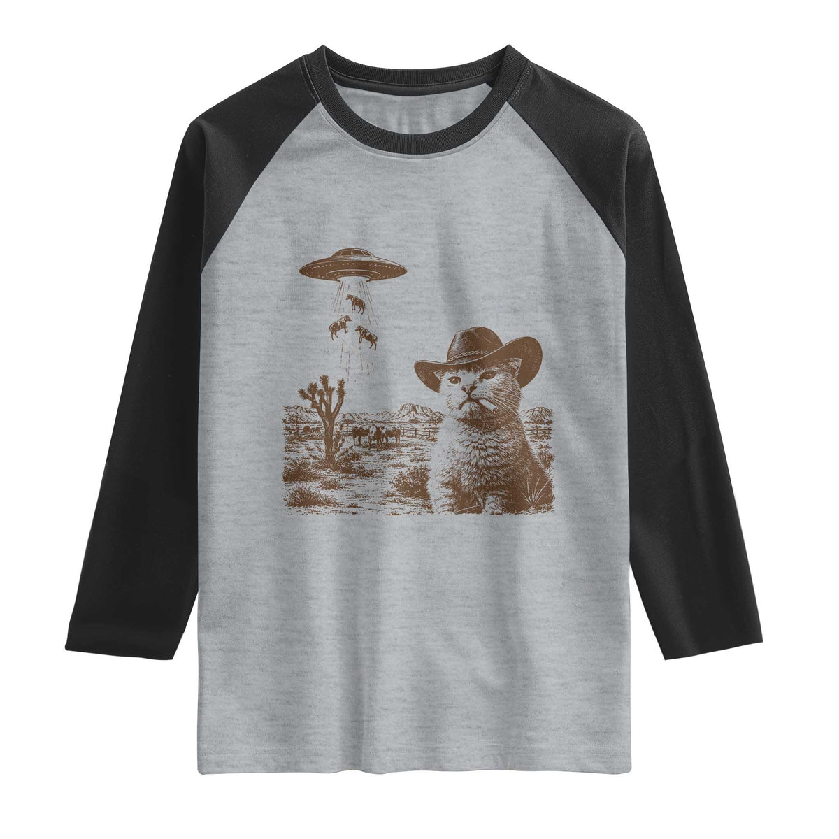 UFO Cowboy Cat Raglan Shirt Vintage Graphic Retro Western Rodeo