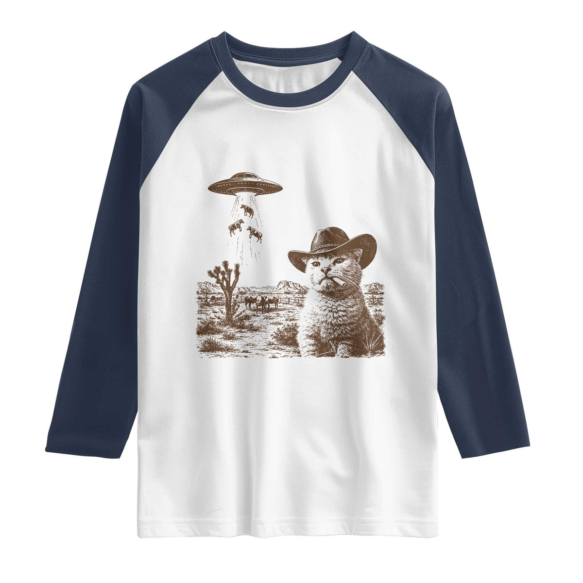 UFO Cowboy Cat Raglan Shirt Vintage Graphic Retro Western Rodeo