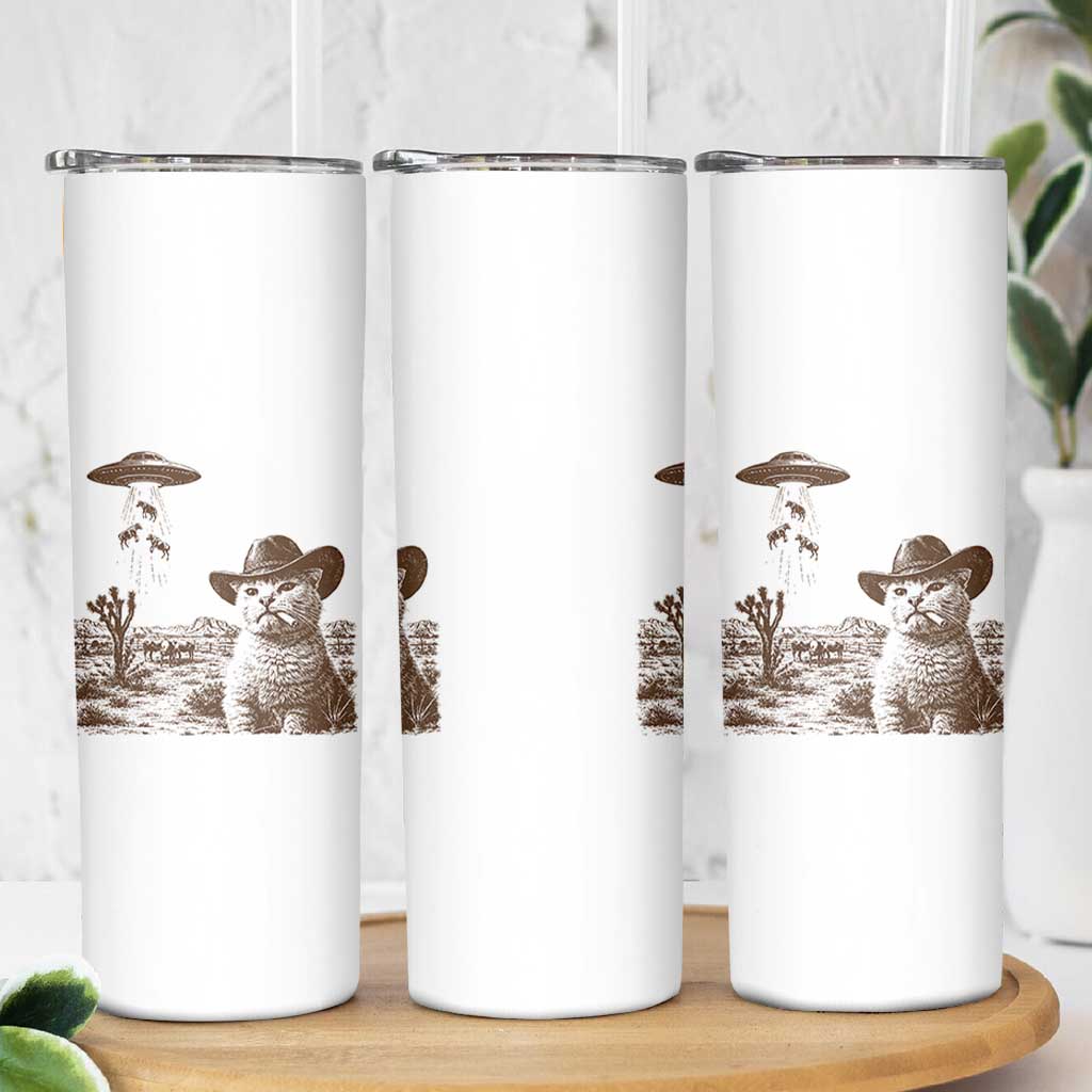 UFO Cowboy Cat Skinny Tumbler Vintage Graphic Retro Western Rodeo