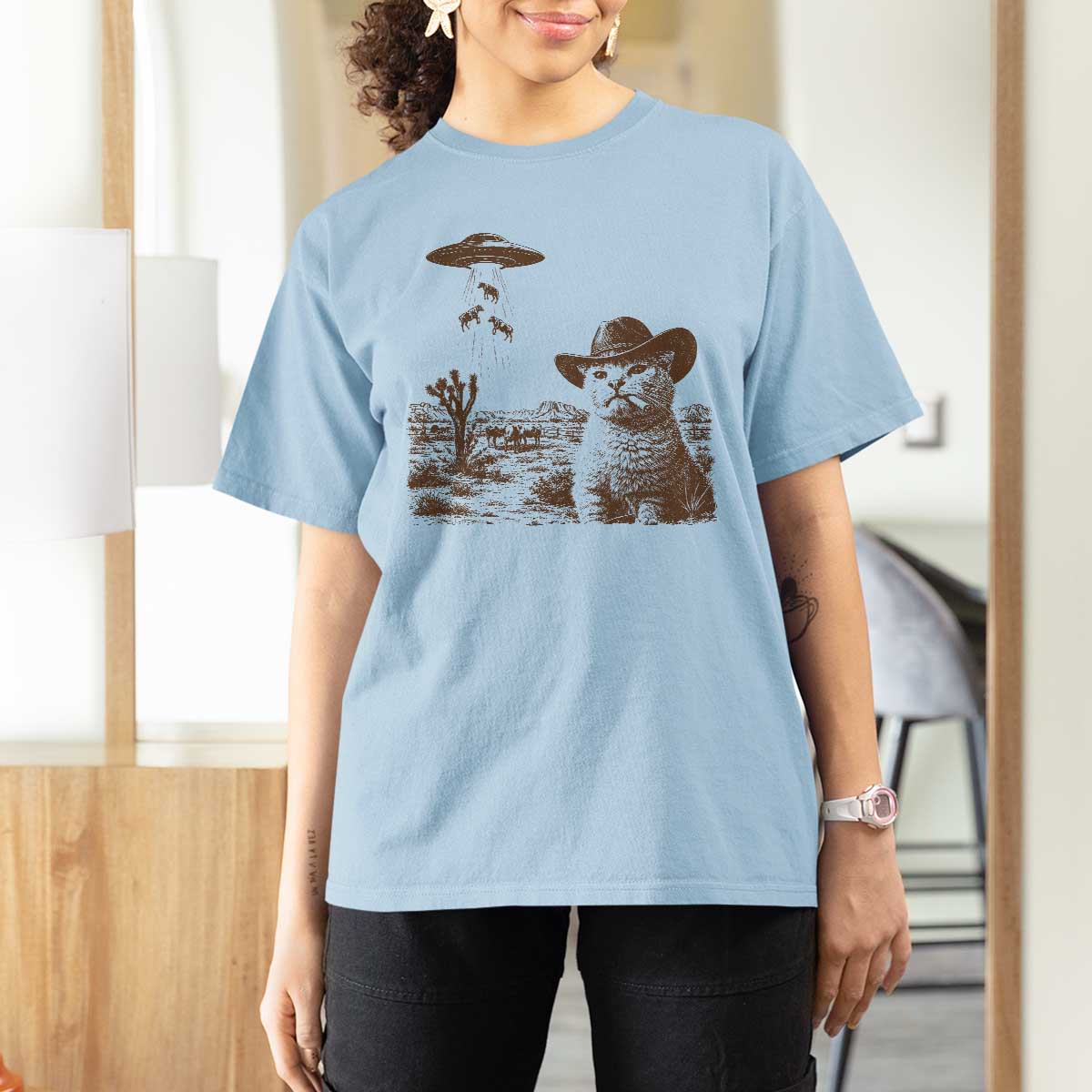 UFO Cowboy Cat T Shirt For Women Vintage Graphic Retro Western Rodeo